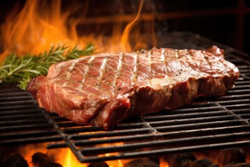 Sticker - sizzling ribeye steak on a grills hot surface