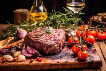 Poster - grilled ribeye steak served on a wooden board