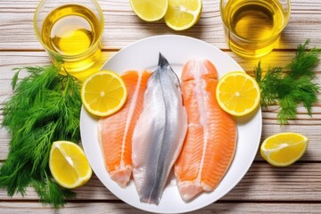 Wall Mural - top view of seafood fillets with fresh citrus juice