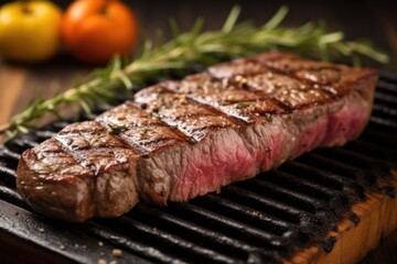 Wall Mural - close up shot of a grilled sirloin steak garnished with thyme