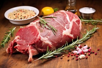 Wall Mural - a whole raw lamb rubbed in garlic and rosemary, close-up