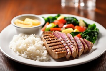 Sticker - grilled tuna steak served with a side of rice
