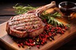 grilled veal chop with peppercorns on top