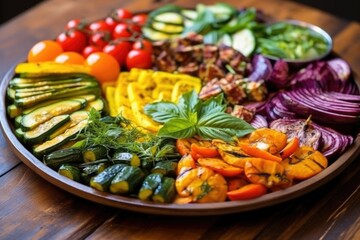 Sticker - a round platter loaded with colorful grilled veggies under natural light