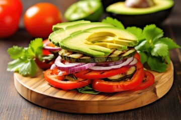 Sticker - grilled veggie burger topped with fresh avocado