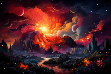 Aufkleber - A digital illustration that depicts a stylized, abstract volcano.  