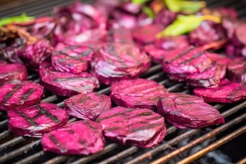 Wall Mural - purple beetroot slices sizzling on a grill