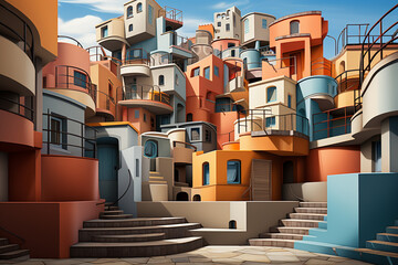 Poster - An abstract painting showcasing a staircase motif with bold and vibrant geometric patterns.  
