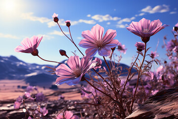 Fototapete - A digital artwork portraying a field of periwinkle flowers against a dreamy backdrop.  