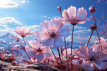 Fototapete - A digital artwork portraying a field of periwinkle flowers against a dreamy backdrop.  