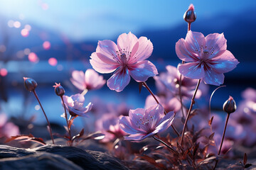 Fototapete - A digital artwork portraying a field of periwinkle flowers against a dreamy backdrop.  
