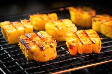 Wall Mural - roasting pineapple chunks in grill basket on bbq