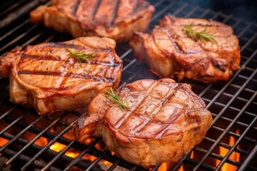 Wall Mural - juicy pork chops smoking on a barbecue grill