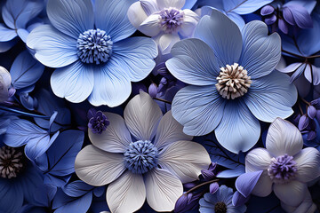 Fototapete - An artistic collage combining real pressed periwinkle flowers with geometric shapes and patterns.  