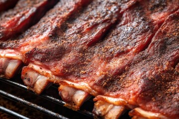 Wall Mural - detailed shot of smoked rib texture after being cooked