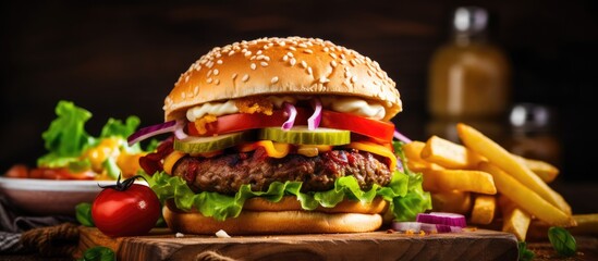 Wall Mural - Homemade burger fried potatoes fresh tomatoes lettuce onions on wooden board Unhealthy fast food concept Hamburger fries veggies selective focus