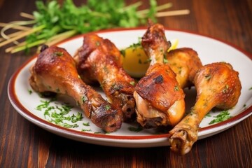 Canvas Print - close-up shot of cooked jerk marinated drumsticks on a plate