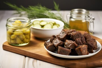 Canvas Print - three ribs sitting next to a small bowl of pickles