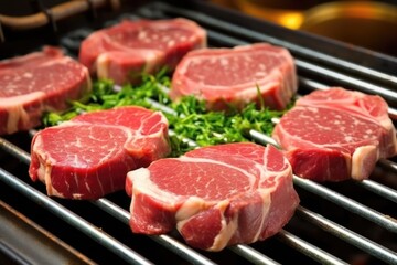 Poster - lamb chops probed for doneness on a flat iron grill