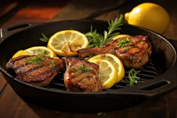 Wall Mural - lamb chops with grill marks garnished with charred lemon halves