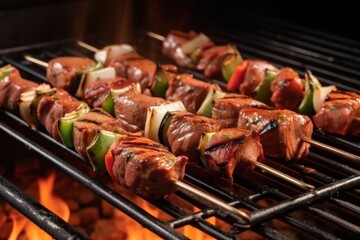 Canvas Print - lamb skewers on a barbecue skewer ready for grilling