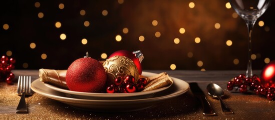 Poster - Festive table set with beautifully served Christmas cutlery wishing you a Happy Christmas and New Year