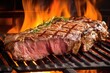 grilled porterhouse steak with charring edges in flames