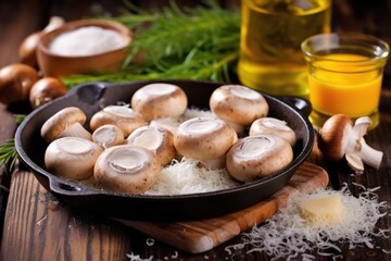 Poster - cheese-filled mushrooms on a skillet with grated cheese scattered