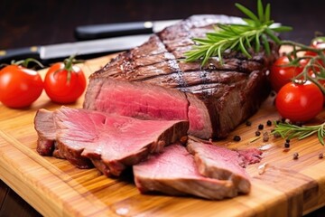 Wall Mural - grilled ribeye steak on a board, being sliced