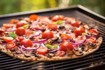 Wall Mural - bbq pizza with mushrooms and tomatoes on a grill