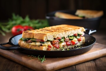 Poster - brick-pressed gourmet grilled sandwich in a cast iron griddle