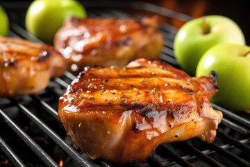 Poster - pork chops on a grill, glaze of apple sauce glistening