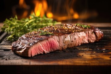 Canvas Print - charred sirloin steak with smoky background