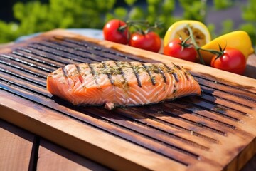 Poster - diagonal lined grill marked salmon steak on a wooden board