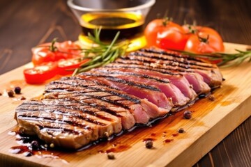 Sticker - close-up of freshly grilled tuna steak on a board