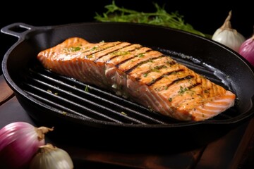 Wall Mural - salmon steak with grill marks on a cast iron skillet