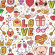 © Vector FX - Love seamless pattern with hearts, toys, birds, teddy bear and berries randomly scattered. Vector background for Valentine's Day or fun design for cards, wrappers, bookmarks. Set of doodle elements.