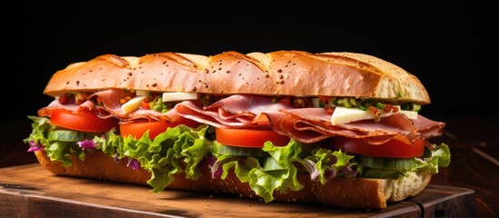Wall Mural - Delicious sandwich with ham and veggies on a white background