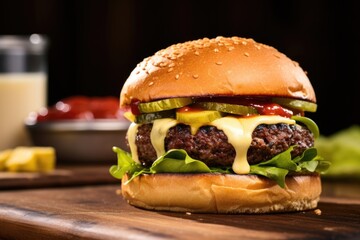 Poster - a side view of a veggie burger with melting cheese