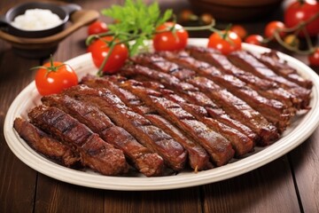 Wall Mural - chopped ribs with grill marks on stoneware plate