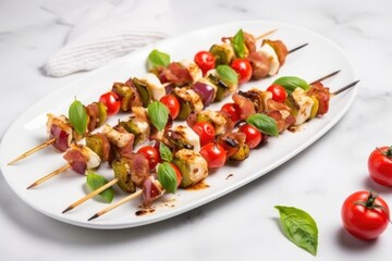 Wall Mural - juicy brussels sprouts and bacon skewers on white marble slab
