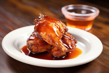 Canvas Print - honey bbq chicken wing dipped in barbeque sauce on a small saucer