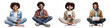 Set of Portrait of young man and woman happy smiling siting on the floor, And using laptop, smart phone, tablet computer, isolated on white background, png