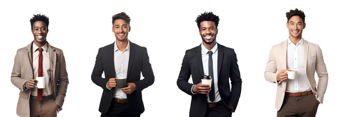 Wall Mural - Set of Portrait of young businessman happy smiling and standing holding a coffee cup, isolated on white background, png