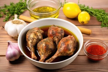 Wall Mural - jerk marinade in a bowl with uncooked drumsticks nearby