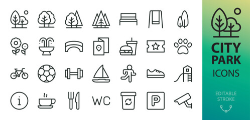 City park isolated icon set. Set of trees, bench, fountain, bridge, swing, jogging, bike path vector icon with editable stroke