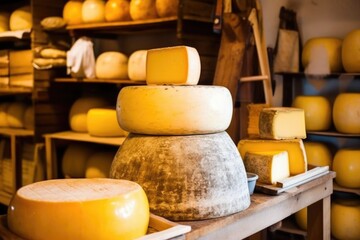 Poster - a smoked cheese wheel stacked in a cheese shop