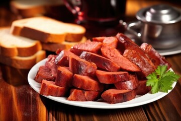 Sticker - sliced smoked sausage links on toasted bread