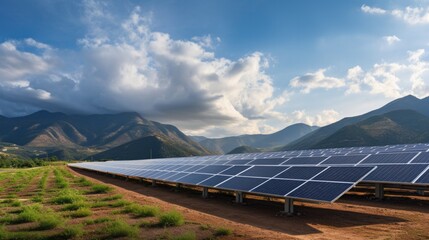 Wall Mural - Solar panel solar field with mountain on background, Alternative electricity source concept, Generating electricity clean energy.