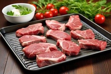 Canvas Print - lamb chops displaying grill marks on a metal kitchen tray